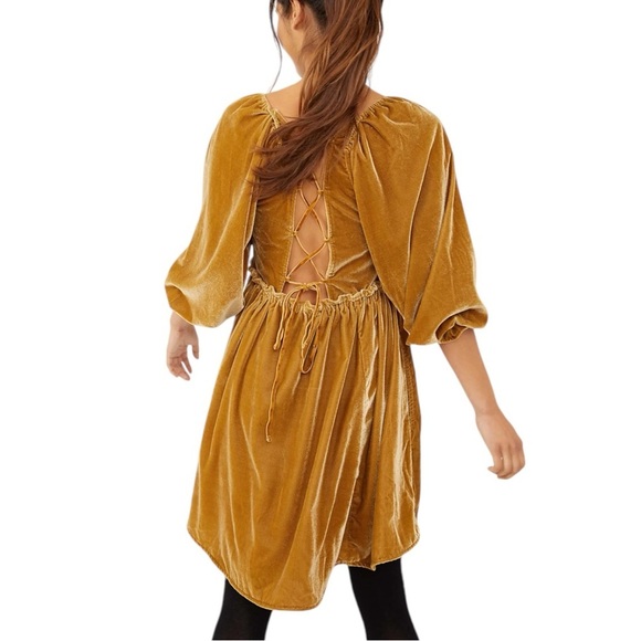 Free People Daphne Velvet Mustard Yellow Mini Dress - Picture 3 of 8